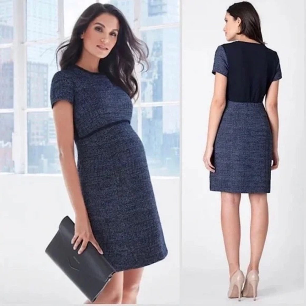 Seraphine Kiara A-Line Tweed Maternity Dress Navy Blue Business Work Office NWT